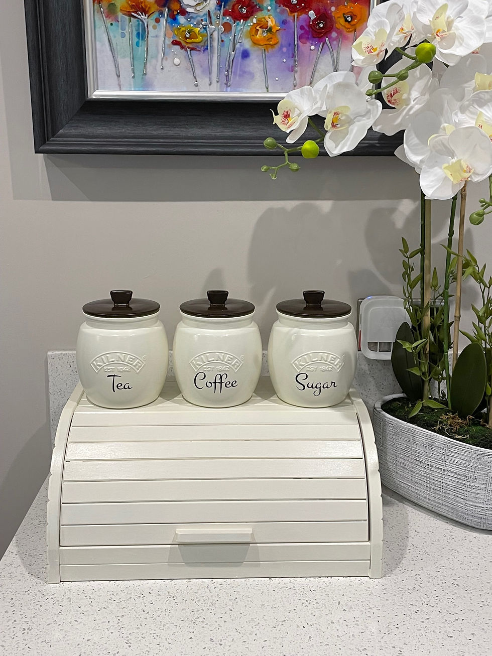 Cream Tea Coffee Sugar Canister and Wooden Bread Bin