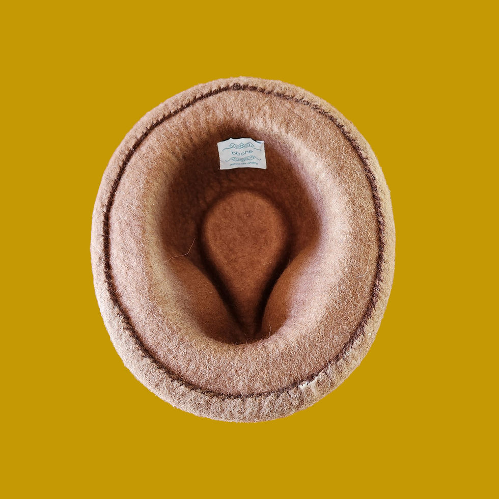 Thumbnail: Flat lay of brown alpaca felt fedora hat inside view on a goldenrod background.