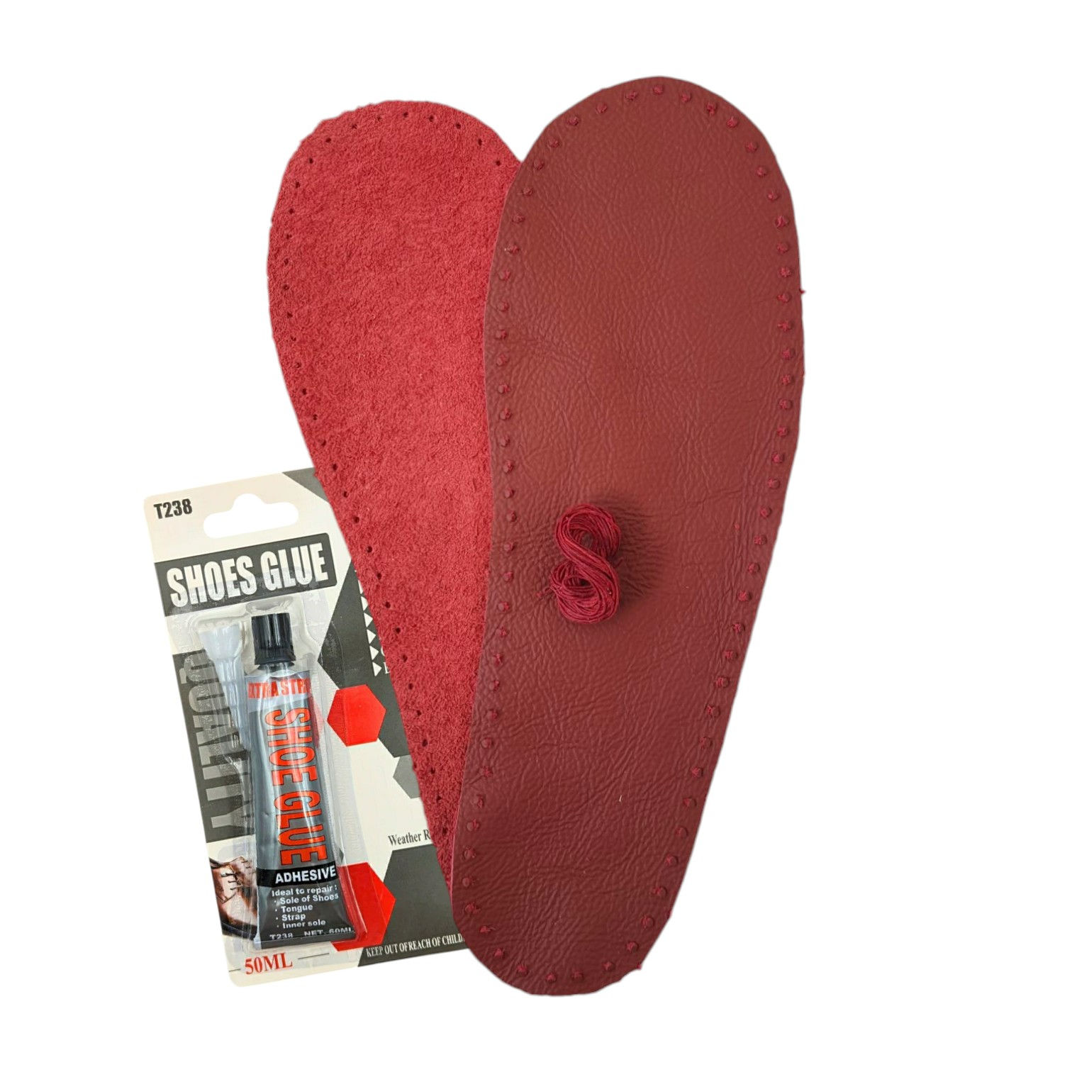 A pair of punched red leather shoe soles with twine and glue.
