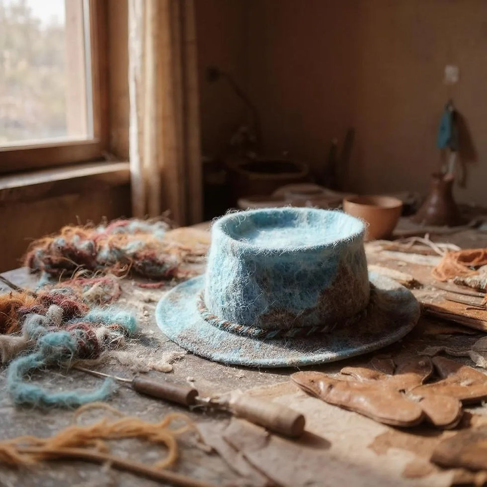 Thumbnail: Blue and brown alpaca felt hat sitting on a wooden table next to a window with fibre all around it.