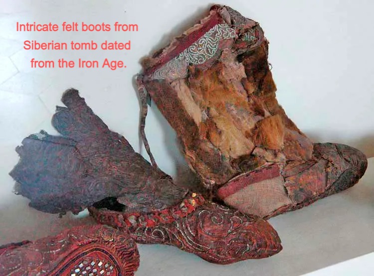 A pair of ornate felt slippers from an ancient tomb is Siberia.