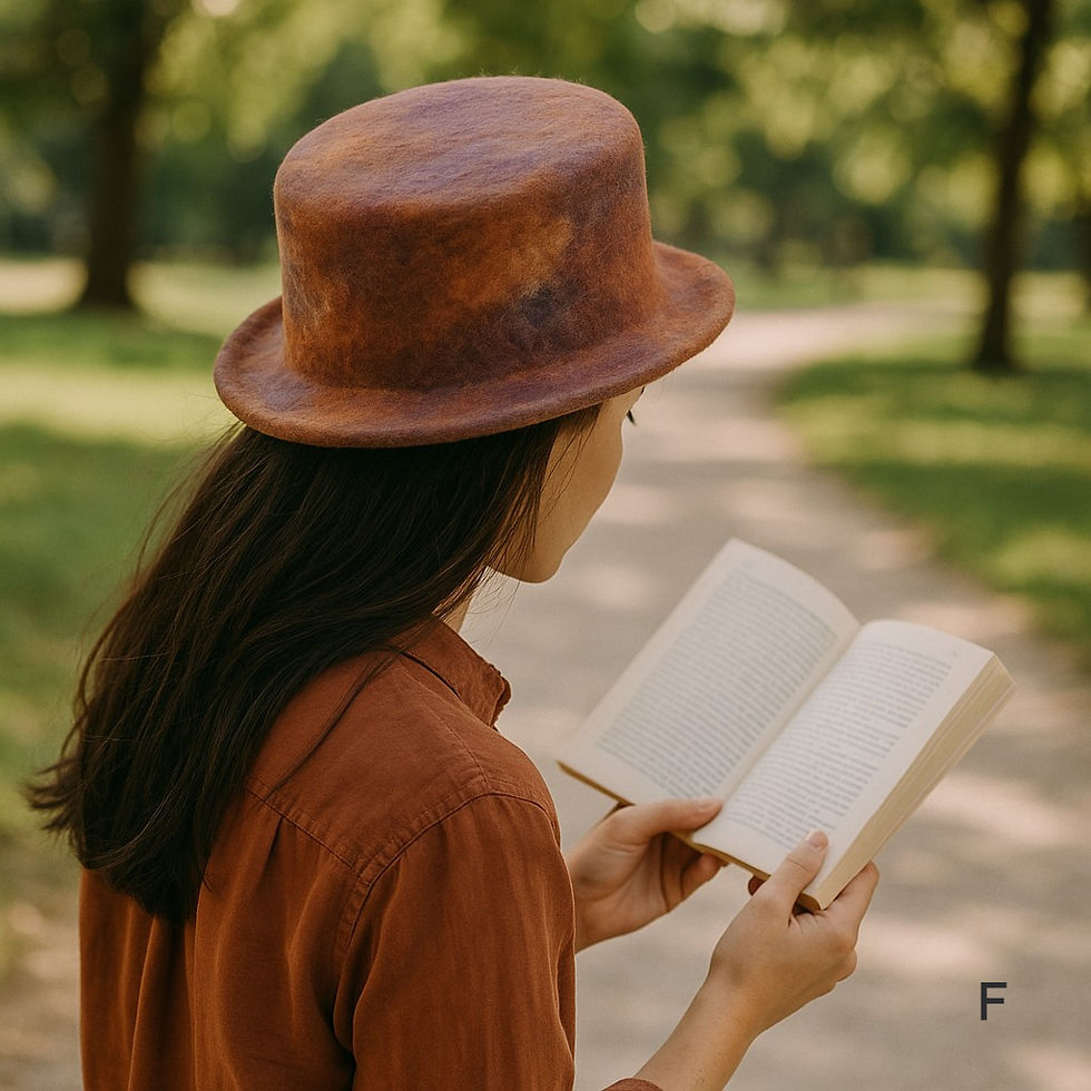 Thumbnail: Woman wears brown and purple toned top hat reading a book.