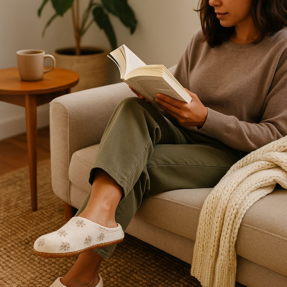 Thumbnail: A woman sitting on a couch reading a book wearing Valla cream felt slippers.