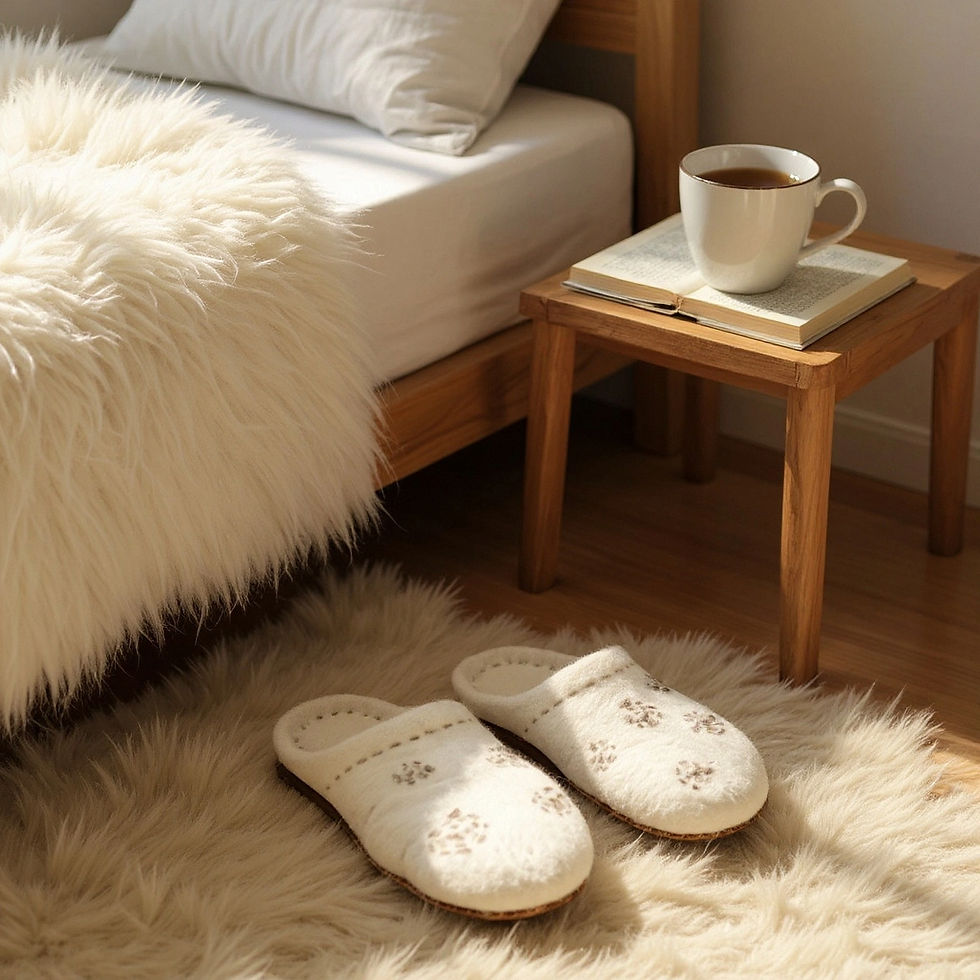A pair of natural cream felt slippers next to a bed on a wool rug with a cup of tea.