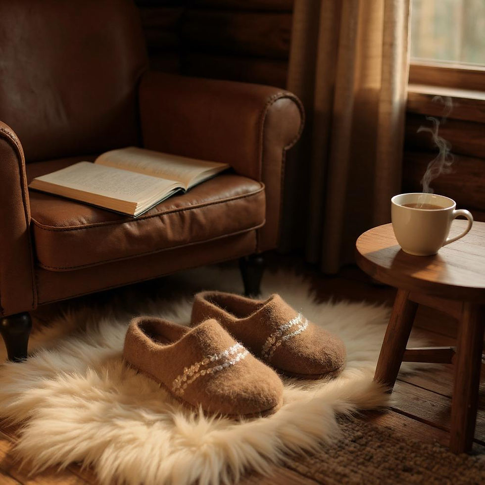 A pair of brown alpaca felt slippers on a cream wool rug.