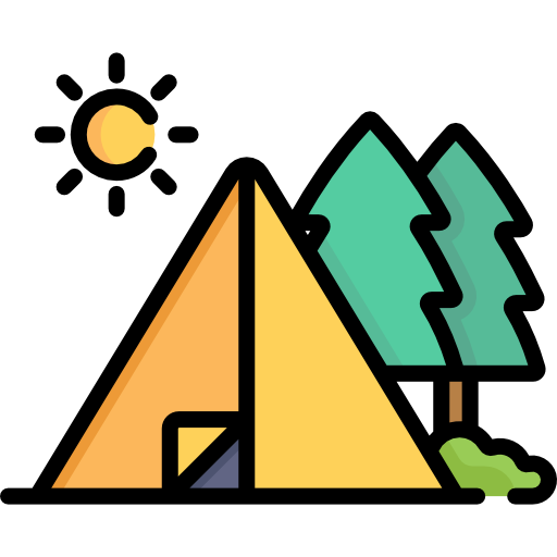 Camp tent, trees, and sunny weather.
