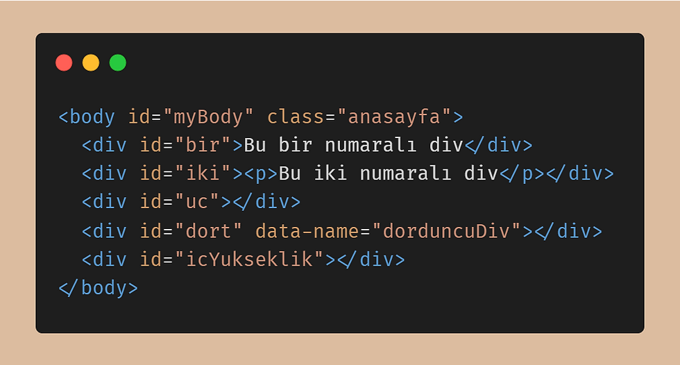 HTML body içinde id özelliği tanımlanmış div elemanları: bir, iki, uc, dort ve icYukseklik id değerleri