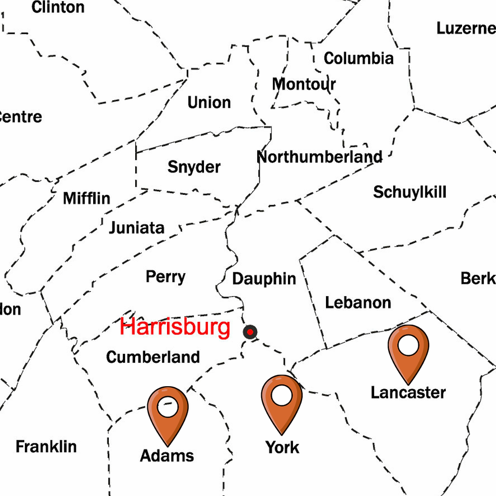 Map of Pennsylvania counties, Harrisburg, Adams, York, Lancaster