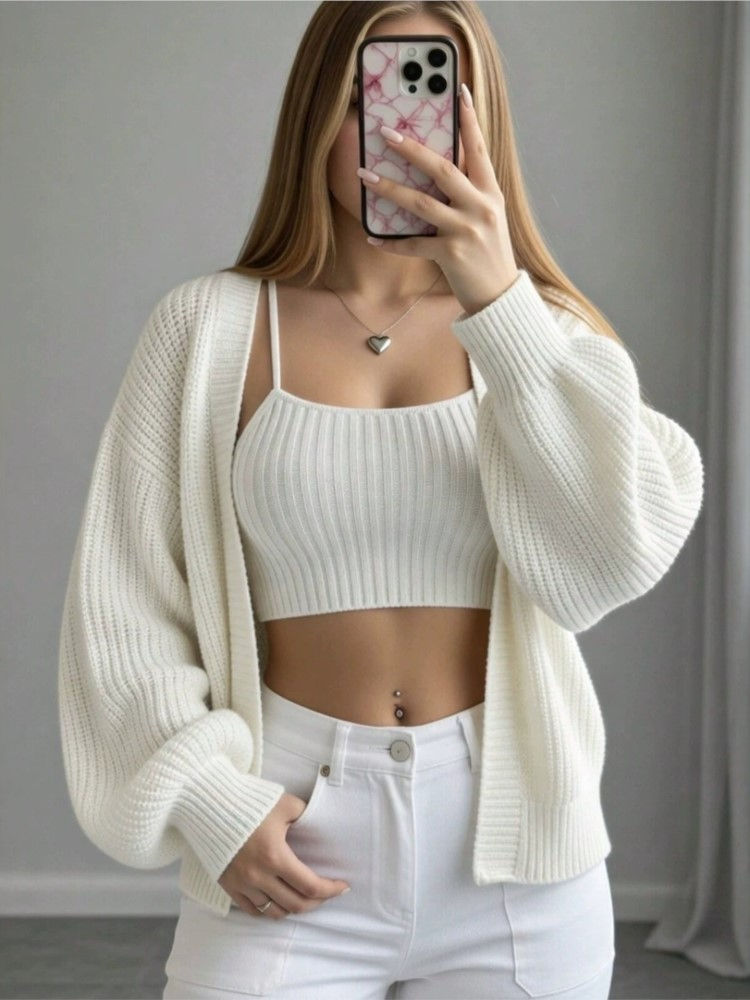 Cardigã feminino de tricô com gola V e modelagem soltinha