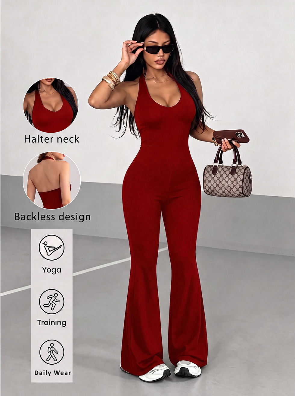 Miniatura: Macacão feminino halter, costas abertas, sem mangas e flare para yoga e fitness