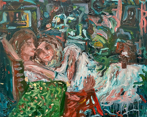 Two women embrace in an expressive room filled with plants, patterned surfaces, and expressive brushstrokes. There is text embedded into the painting that reads "lets go grocery shopping," "I'll kiss you in front of the zucchinis," "You'll laugh," "I'll bag the fruit," "I will hold you when we get home"
