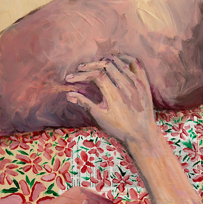 A painting of a hand pinching light, peachy skin. The paint is applied expressively to convey the figure with rich and warm colors. There is a floral pattern painted under the hand, and beneath the pattern, a paper has been collaged onto the surface. The paper is a prescription for Estradiol.