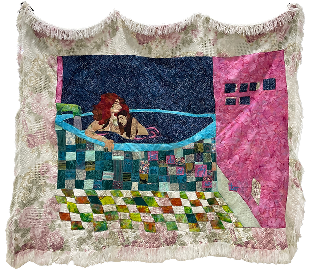 A large, quilted tapestry with two women in a bathroom. The quilt is bright and colorful, and the patchwork and stitched lines are expressively rendered. The bathtub is running with glittering water made of a transparent fabric. The tiles are made from a large variety of patterns and colors. There is text on the quilt, that reads "But do not pity us too"