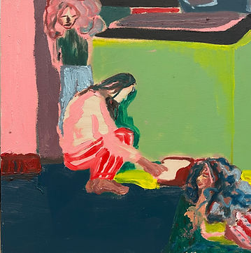 A painting rendered in bold, expressive strokes. A woman is looking down at another woman, who seems to be taking care of something missing from the painting in the cat bed. Next to the bed, a pile of clothes and patterns blends into another version of the first woman, so that she looks down upon the figure looking upon her.