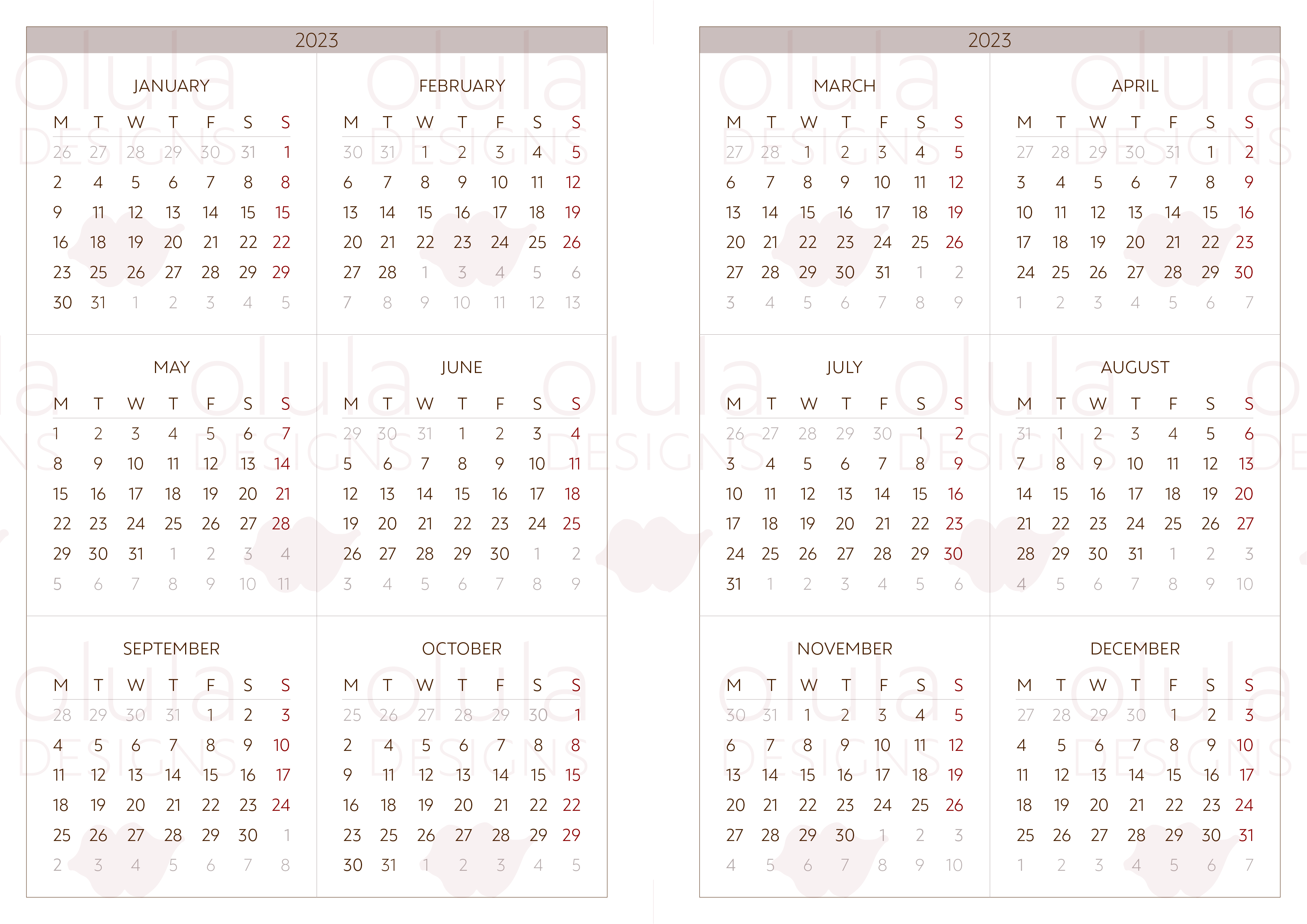 A5 2023 Calendar on 2 Pages - PDF
