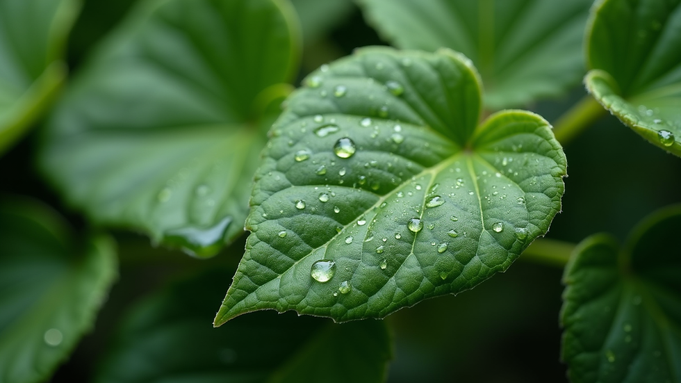 Close-up view of healthy green leaves with water droplets