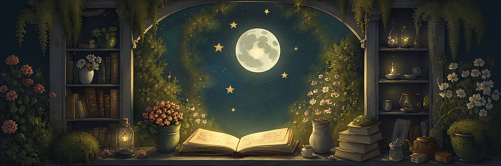 A cosy Book Nook image with the moon and stars visible through the arched window and shelves full of books at night time