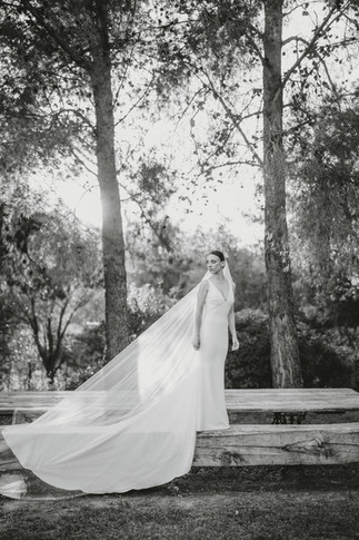 Sposa in abito lungo e velo elegante in bianco e nero tra gli alberi.