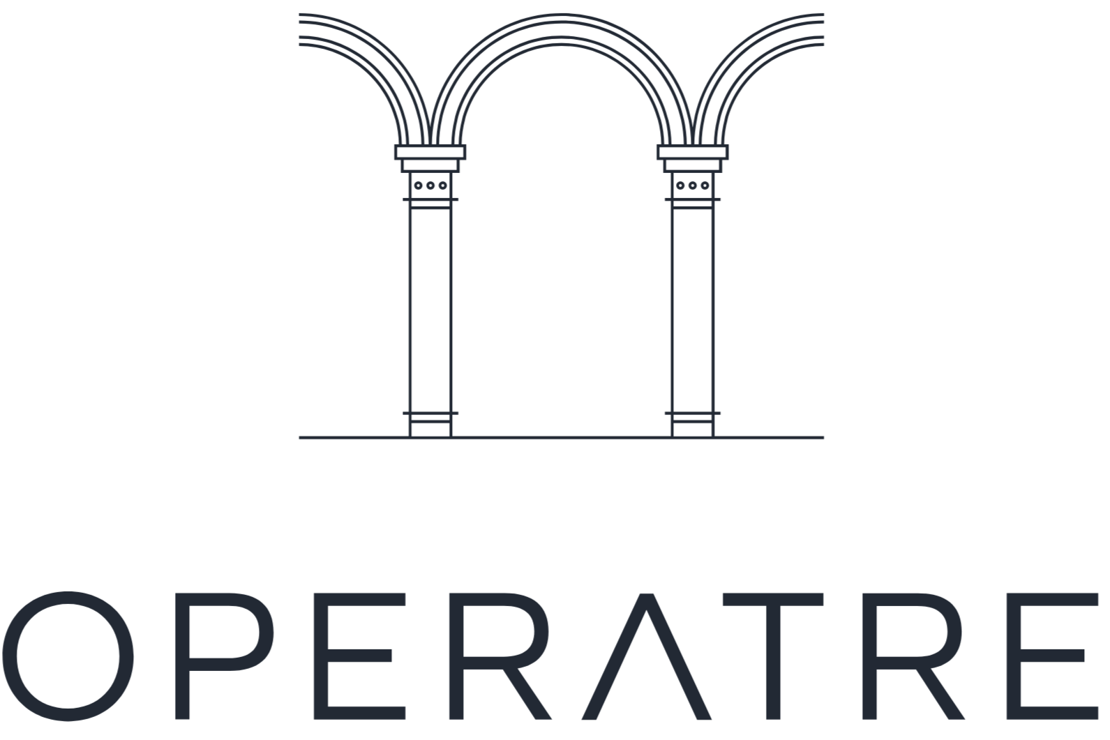 Logo OperaTre con archi classici stilizzati su sfondo nero.