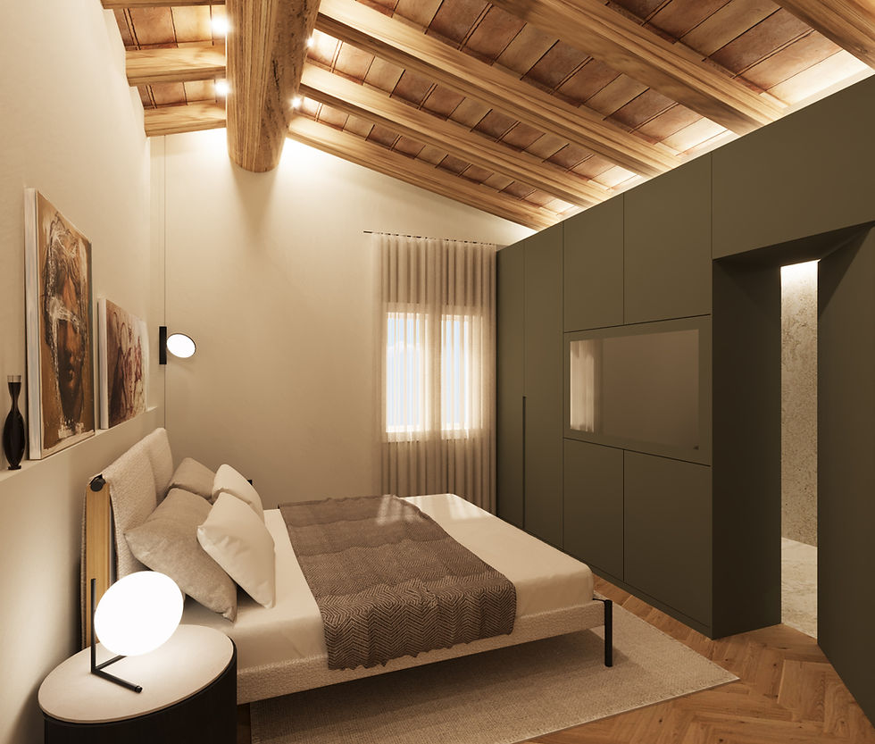 Camera da letto con soffitto in legno e armadio moderno.