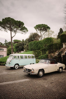 Classic cars in Florence, Italy, ready for Alyssa and Sean elopement at Belmond Villa San Michele Florence.
