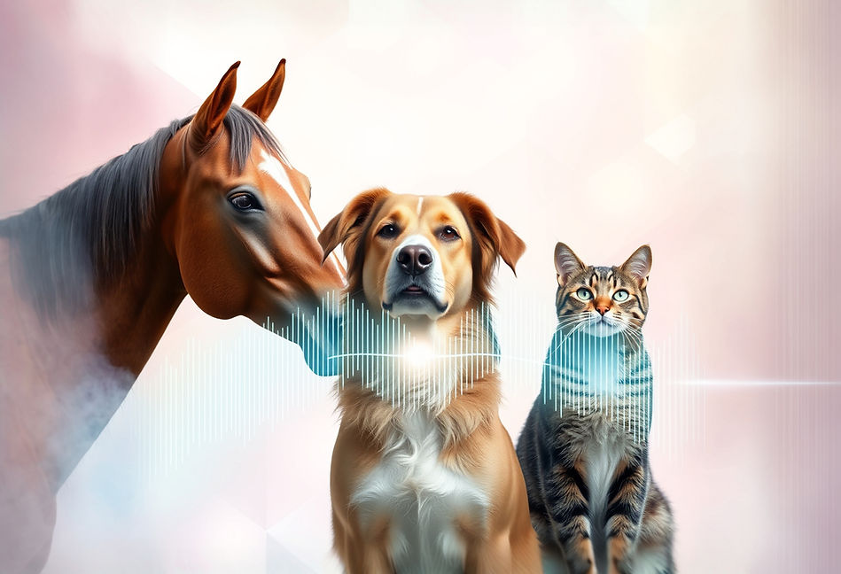 Pastel Colored Background. One Horse, One Dog, One Cat with a Frequency Wave. Image portra