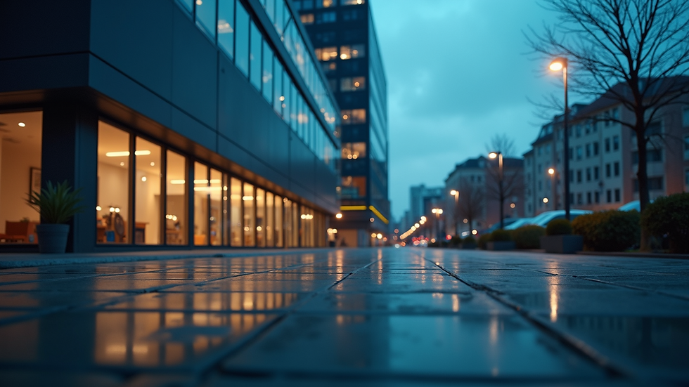 Eye-level view of a modern commercial building with automated lighting