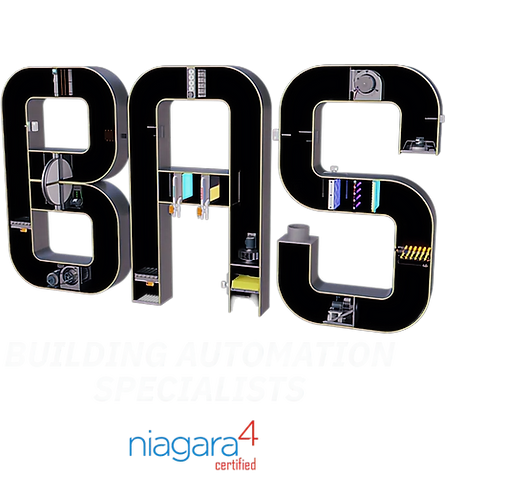 Alt text: Large, block letters spelling "BAS" (Building Automation Specialists) are filled with detailed illustrations of industrial automation components such as pipes, wires, and control panels. Below, bold white text reads "BUILDING AUTOMATION SPECIALISTS." At the bottom, the Niagara 4 certified logo is displayed, highlighting expertise in Niagara 4 building automation systems. The background is solid black, making the content visually striking and focused on building automation and controls.