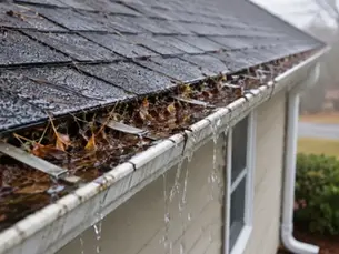 Clogged gutters overflowing with leaves on a Pittsburgh-area home during a rainstorm