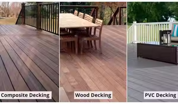 Composite decking boards next to weathered wood decking showing longevity comparison
