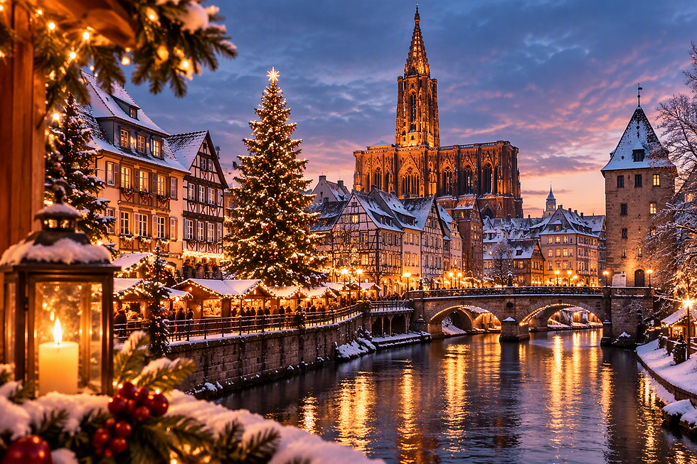 Winterliche Ortschaft mit schneebedeckten Häusern und einer Kathedrale in der Abenddämmerung.