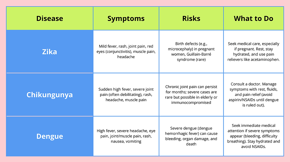 Disease,Symptoms,Risks,What to Do Zika,Mild fever, rash, joint pain, red eyes (conjunctivi