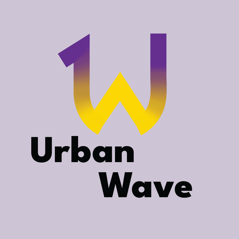Urban Wave's secondary logo is set against a purplish-grey background. The logo is a mix of a U and a W and is colored with a purple-to-yellow gradient. The name "Urban Wave" is stacked below the logo-mark in thick black text.