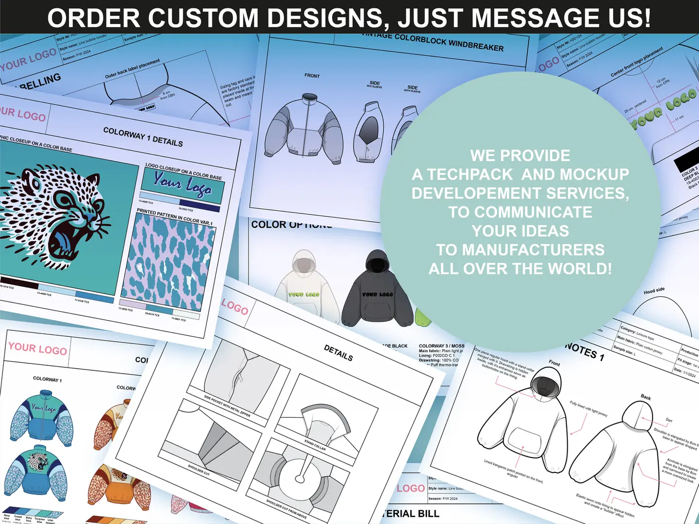 Custom design and tech pack services offered with FUPstudio’s Streetwear Mockups Bundle.