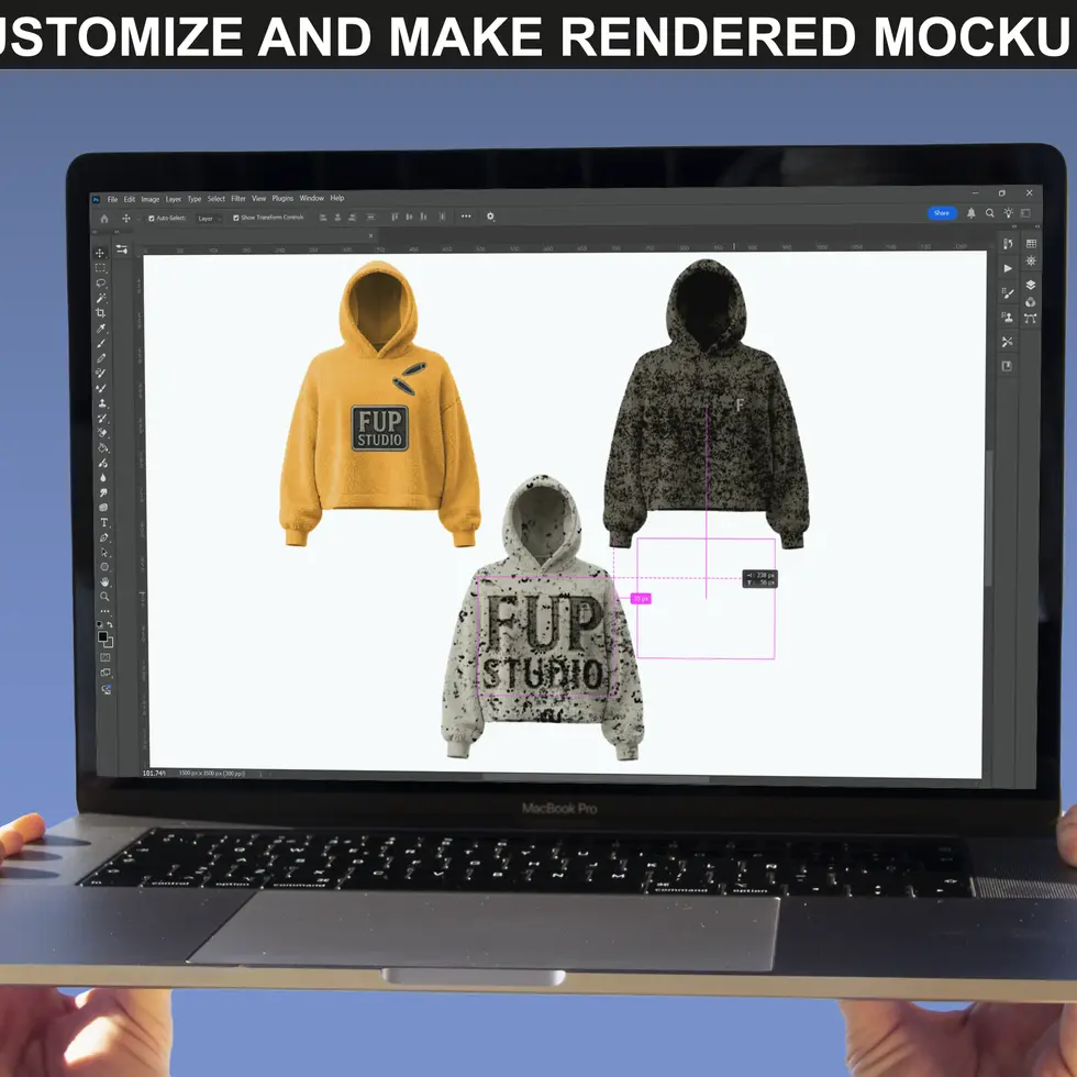 Designer editing hoodie photo mockups on laptop, showing how to customize clothing mockups easily, by FUPstudio