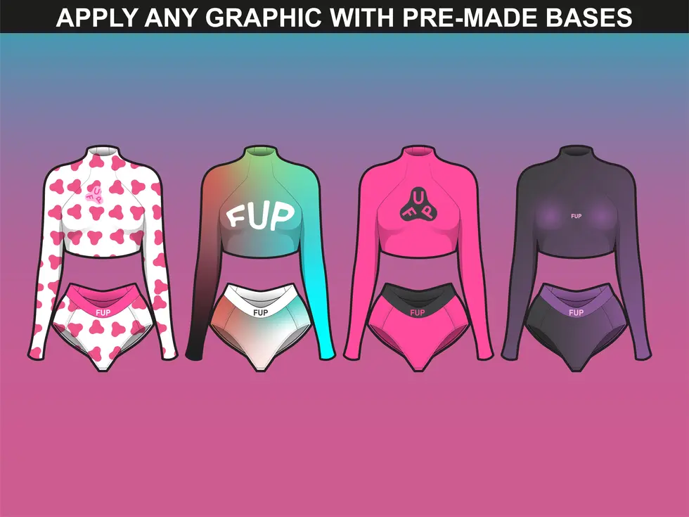 FUPstudio Activewear Mockups V.2 with fully customizable garment and hardware technical flats for fitness wear designers.