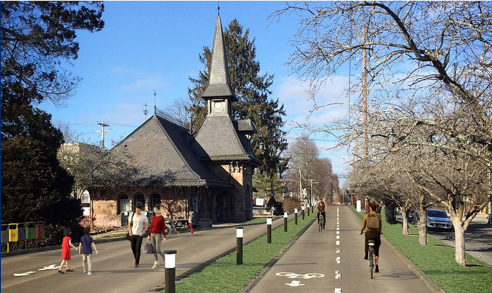 Additional artistic rendition of the Northern Valley Greenway, demonstrating possible ways in which the project would interact with buildings and roads. Source: https://completegeorge.org/7-non-gwb/2020-02-bcbmp/
