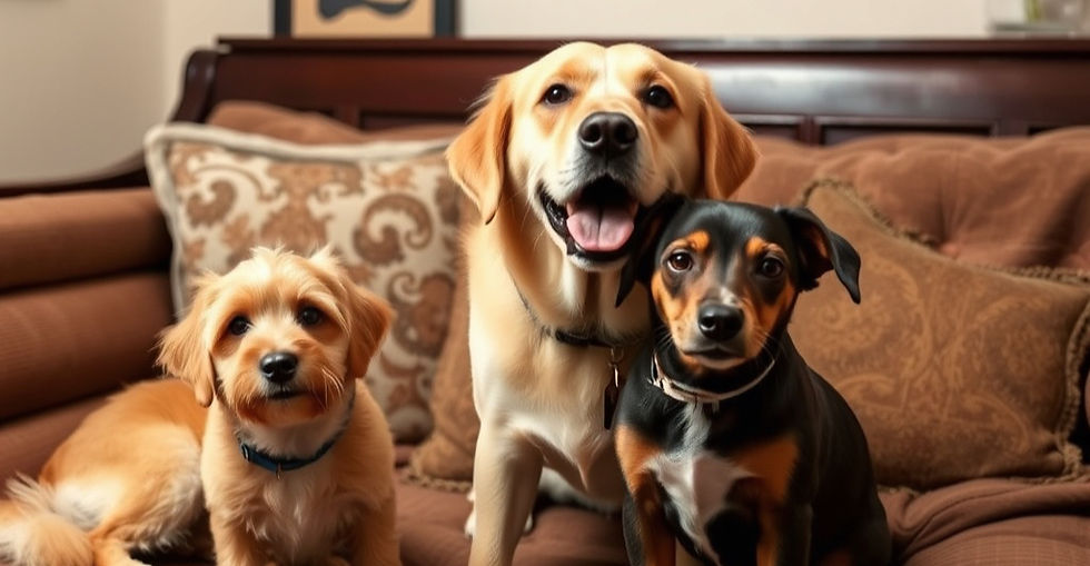 Three dogs sit on a brown couch with patterned pillows. A golden retriever looks happy, while two smaller dogs are calm and attentive.