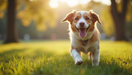 A happy dog runs toward the camera in a sunlit park, with blurred trees in the background. The dog has brown and white fur.
