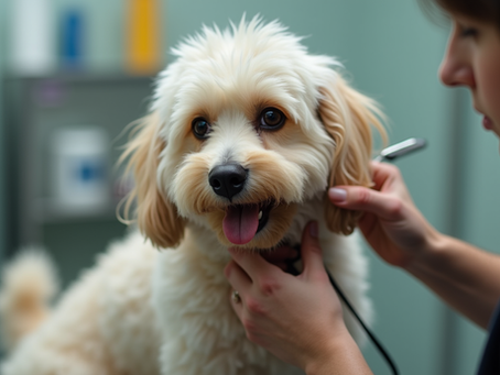 Fluffy beige dog at vet examination, looks happy with tongue out. Vet holds stethoscope near dog's neck. Neutral background.
