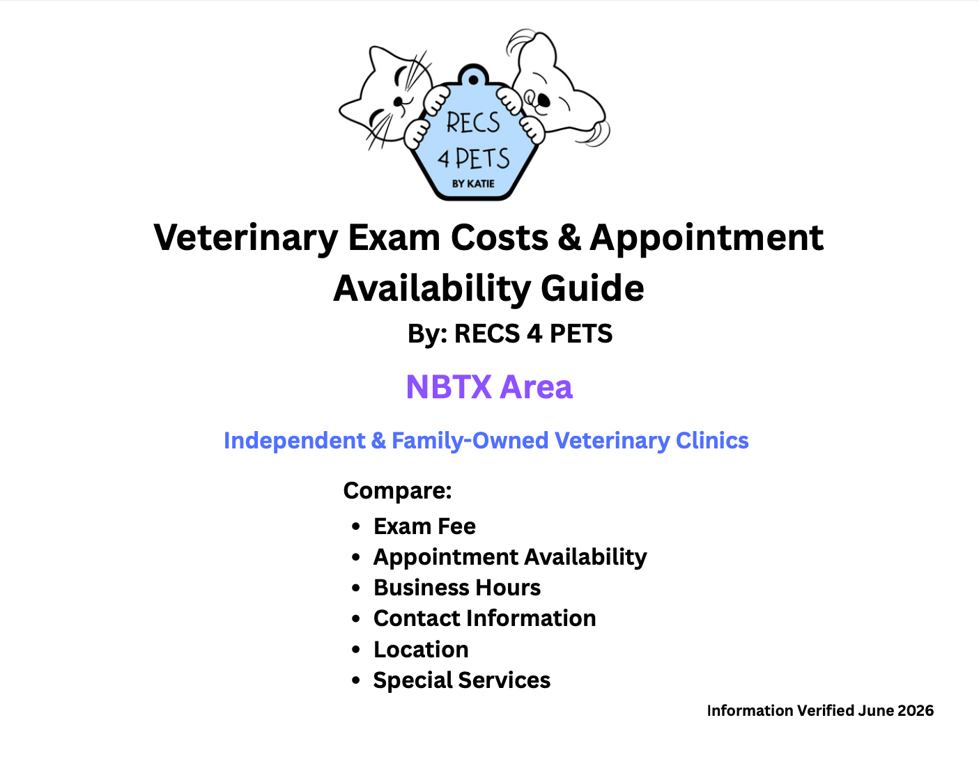 RECS 4 PETS Local Veterinary Cost and Availability Guide- NBTX, SMTX, Seguin