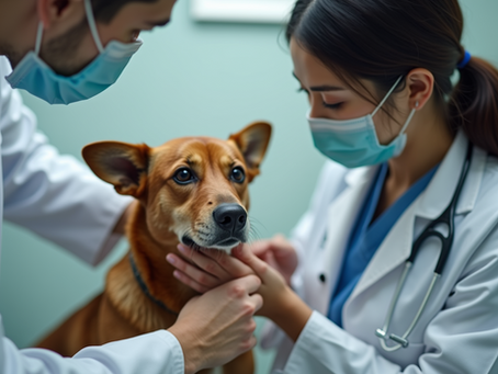Vets examine a calm brown dog in a clinic. Both wear masks and white coats, with a stethoscope visible. Pale green walls.