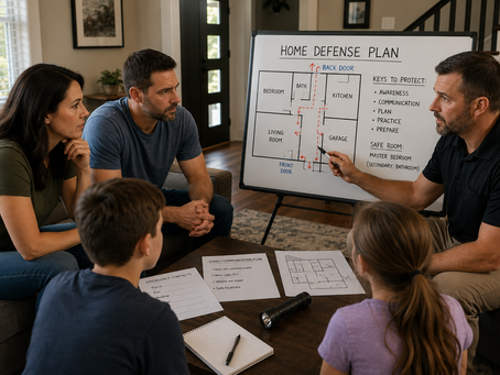 Boise family learning home defense planning with a safety instructor.