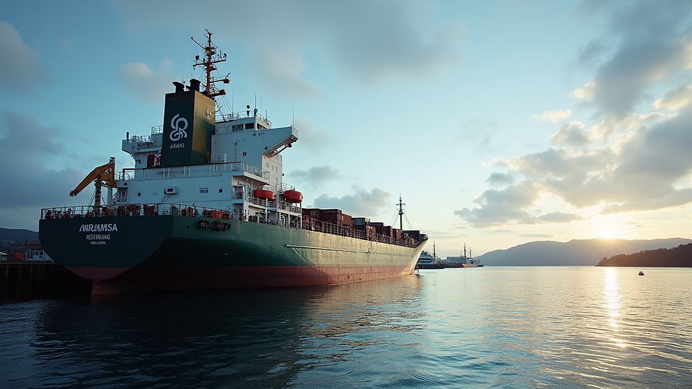 Eye-level view of a cargo ship docked at a Tasmanian port