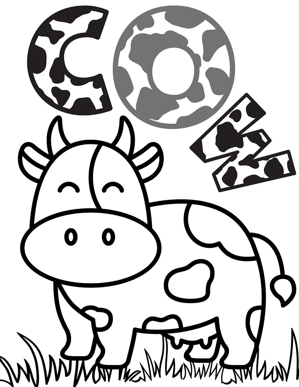 Coloring sheet for kids with a cow and grass to shade in the details
