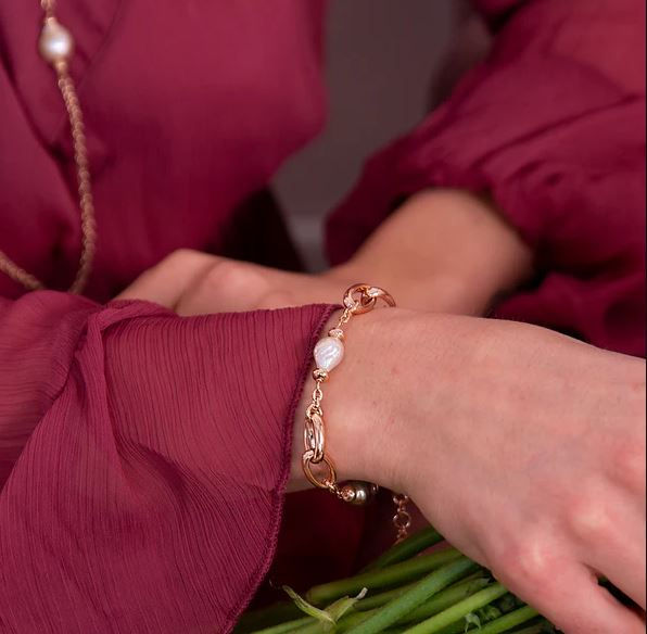 Miniatura: Bronzallure Bracciale con Maglie Intrecciate e Perle Barocche d'Acqua Dolce Mult