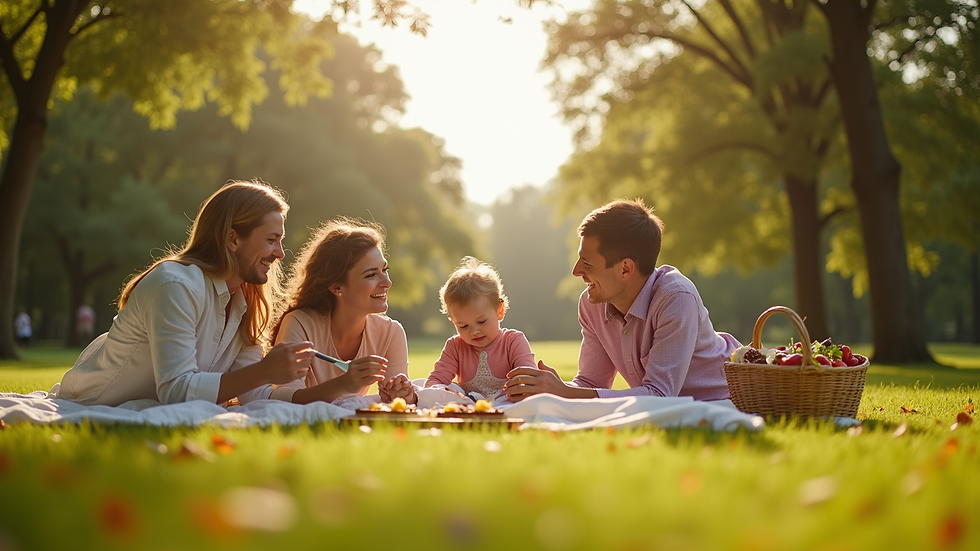 Eye-level view of a family enjoying a picnic in a park