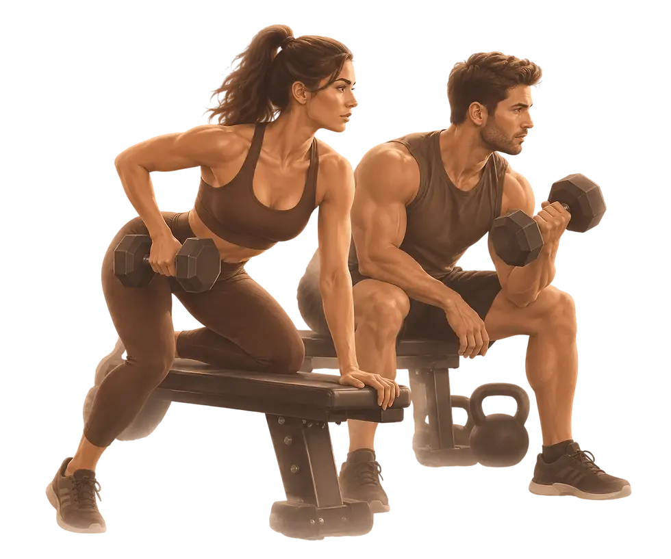 Man and woman weightlifting, mobile sports massage recovery.