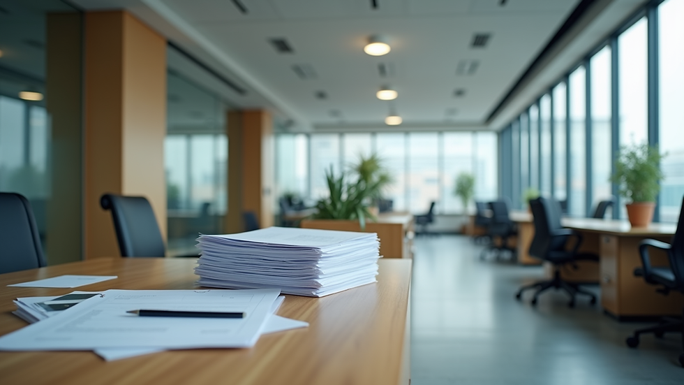 Vista frontal de oficina con documentos fiscales organizados