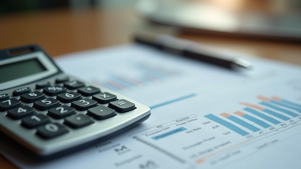 Close-up of a calculator and financial reports on a wooden desk